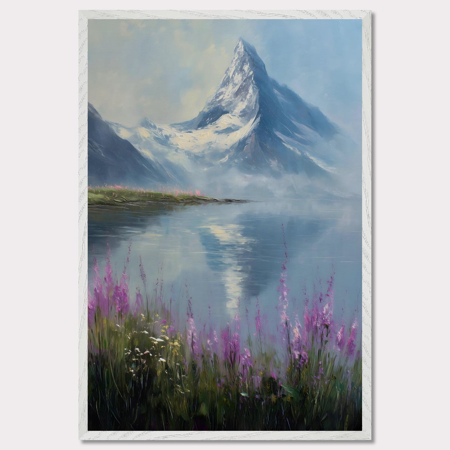 Snow-dusted Matterhorn rises over a lake fringed with fireweed in bloom. Reflections shimmer, colors merge in peace. This image is a mountain hush, an ode to bloom, ice, and awe.