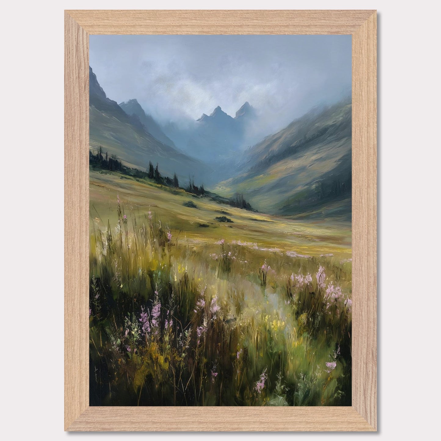 A field of tall alpine grass and soft purple blooms unfolds into misty blue peaks. There's no sign of movement, only the gentle hush of nature breathing. The scene is vast, untamed, and filled with the quiet promise of summer in the highlands.