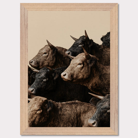 This illustration depicts a group of oxen with varying shades of brown and black fur, closely packed together against a plain beige background.
This poster will fit well in rustic or farmhouse-style interiors, animal-themed spaces, or art collections focusing on wildlife.