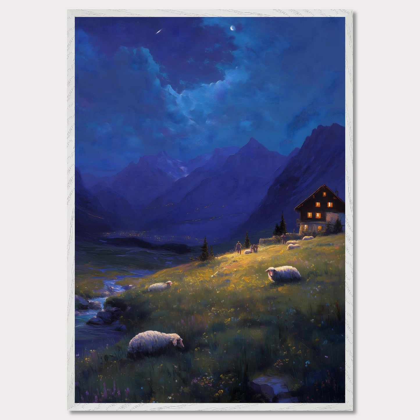 As night falls over the valley, warm lights glow from a mountain cabin, guiding the shepherd and his sheep. Above, stars begin to shimmer and the crescent moon watches from afar. A peaceful twilight symphony of solitude, nature, and quiet warmth.