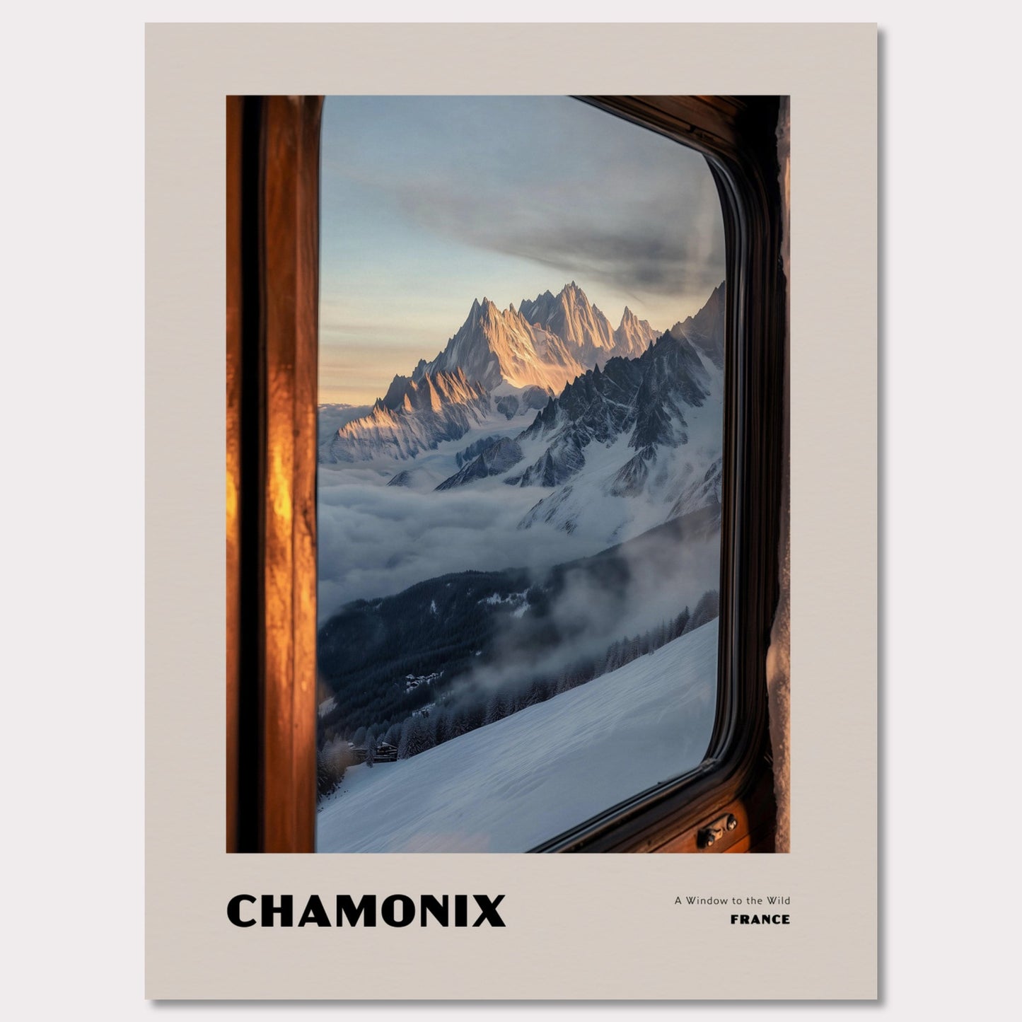 Poster titled 'CHAMONIX. A Window to the Wild' from ArtDarts