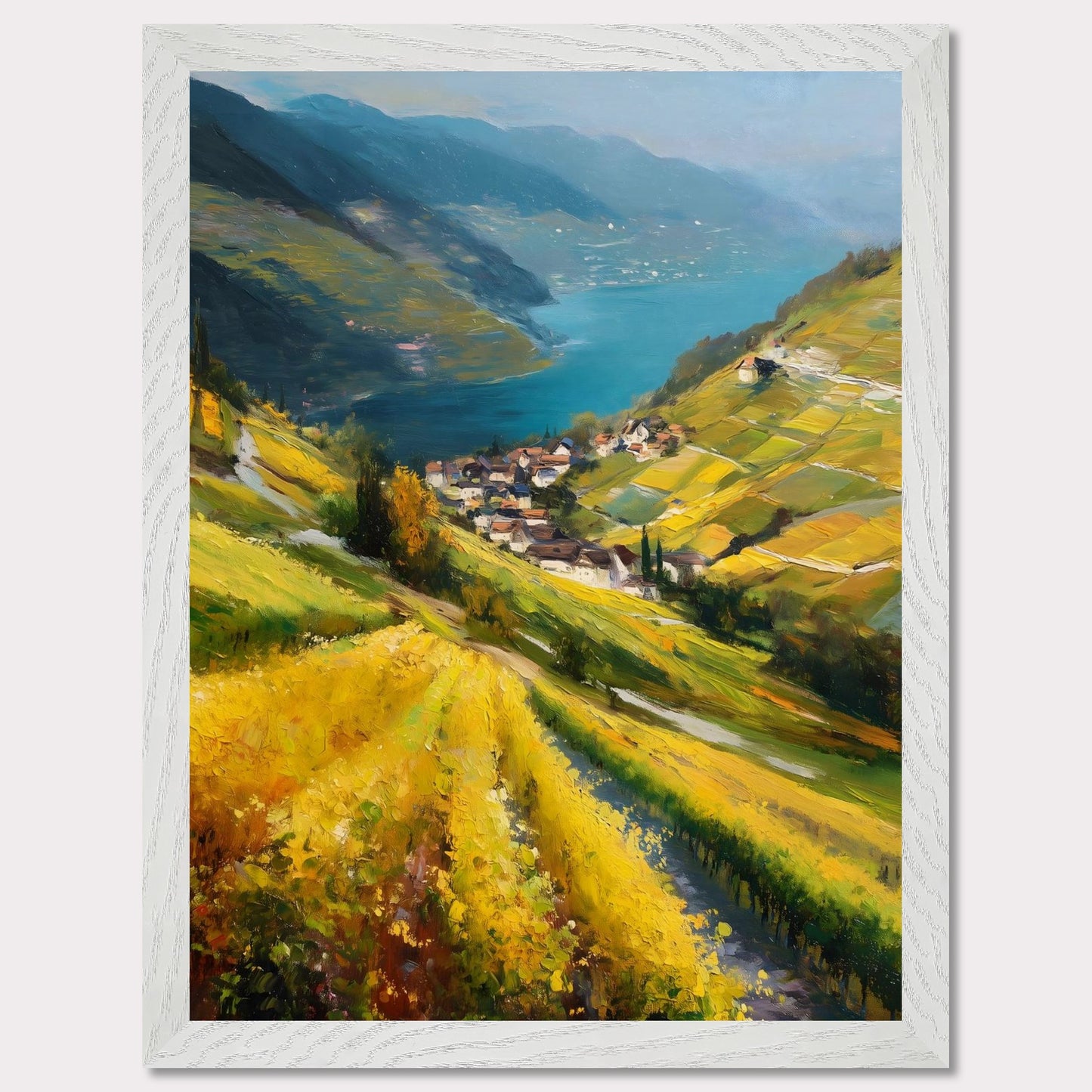 Golden vineyards sweep down steep hills toward a quiet lake village. The water shimmers like a mirror between blue ridges. This image is a flowing hillside, an ode to light, labor, and view.