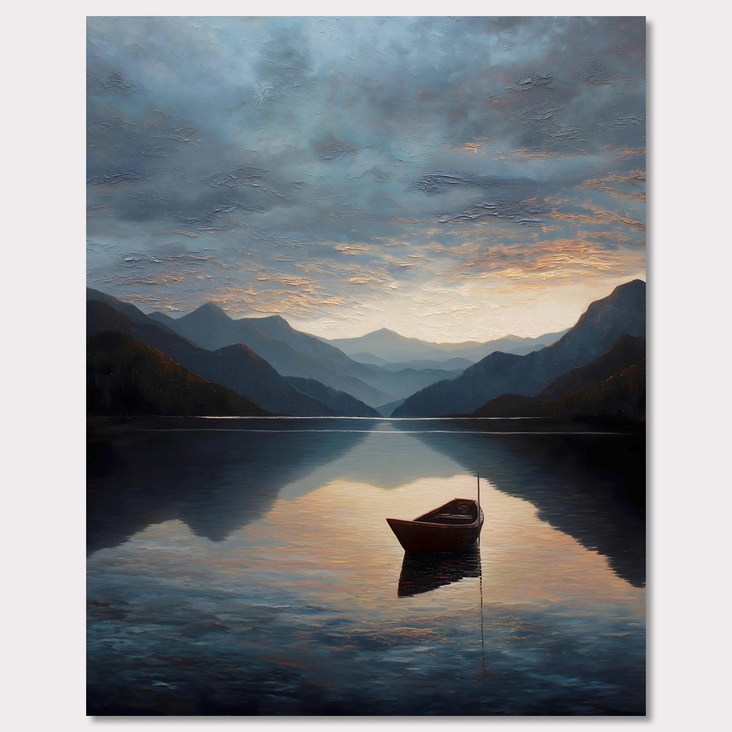 A single red boat floats gently on a vast, darkening lake as mountains fade into layered blues. The sunset brushes the clouds and water with soft amber and grey. A perfect study in stillness, solitude, and awe.