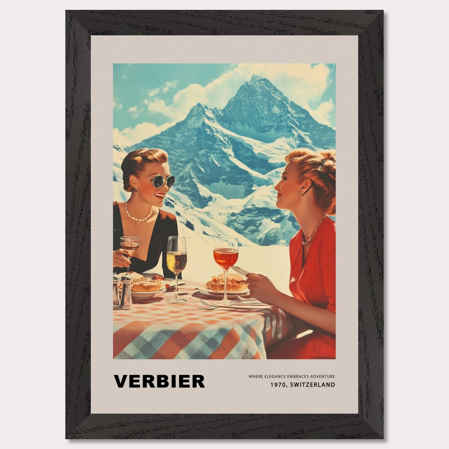 This glamorous poster showcases the refined charm of Verbier, featuring two elegantly dressed women enjoying an alfresco meal with breathtaking alpine peaks as their backdrop. The scene embodies a perfect blend of sophistication and adventure, inviting viewers to savor the unique allure of this Swiss ski destination.