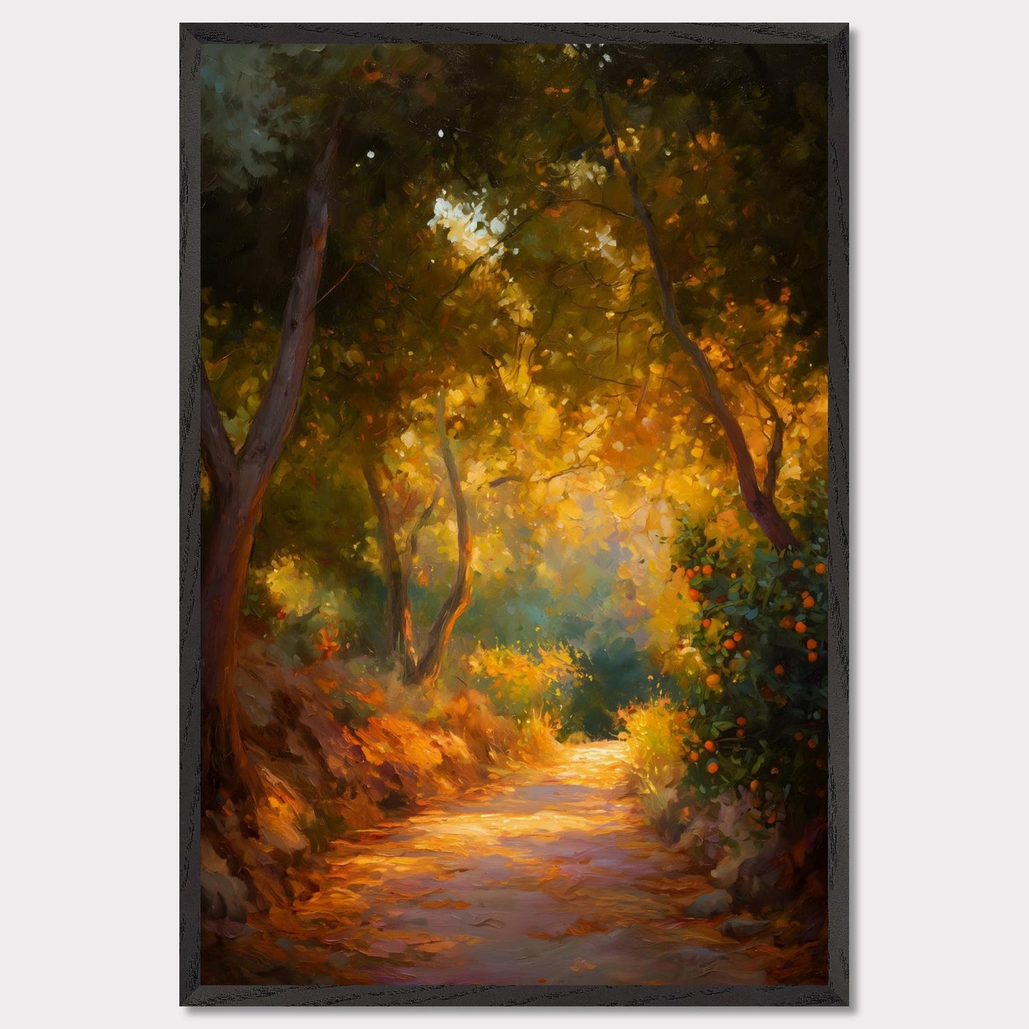 Golden leaves and oranges glow in a forested bend, where light pours through branches onto a dusty path. The trees seem to lean in to listen. This image is a slow walk, an ode to scent, light, and memory.