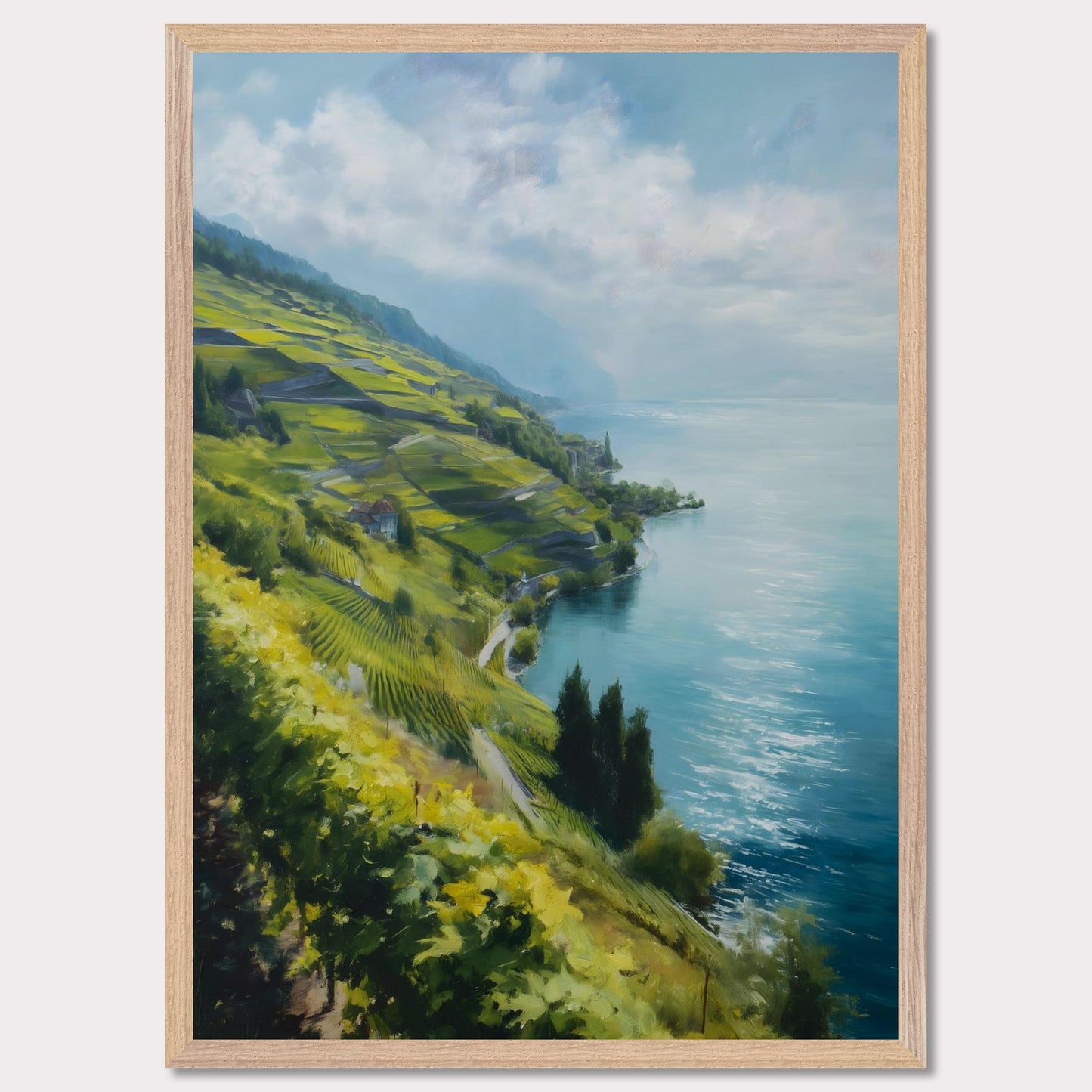 Terraced vines stretch along a quiet shore as morning mist lifts from the water. Blue tones dominate, cooled by wind. This image is a lakeside whisper, an ode to patience, form, and clarity.