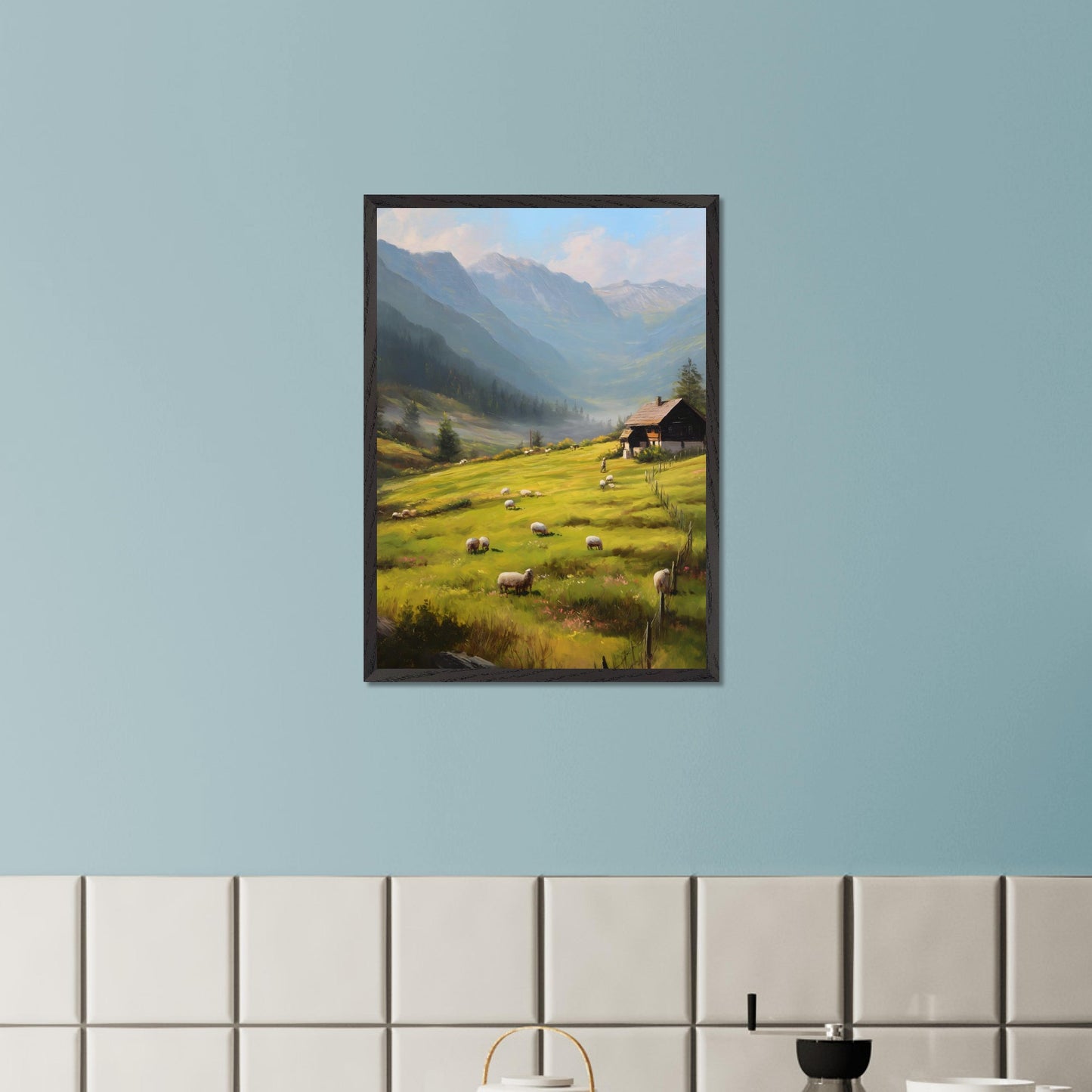 Golden morning light washes over rolling fields as sheep wander freely. A traditional alpine house stands quietly, facing the rising mist among distant peaks. This is the beginning of a calm, purposeful day in the heart of the Alps.