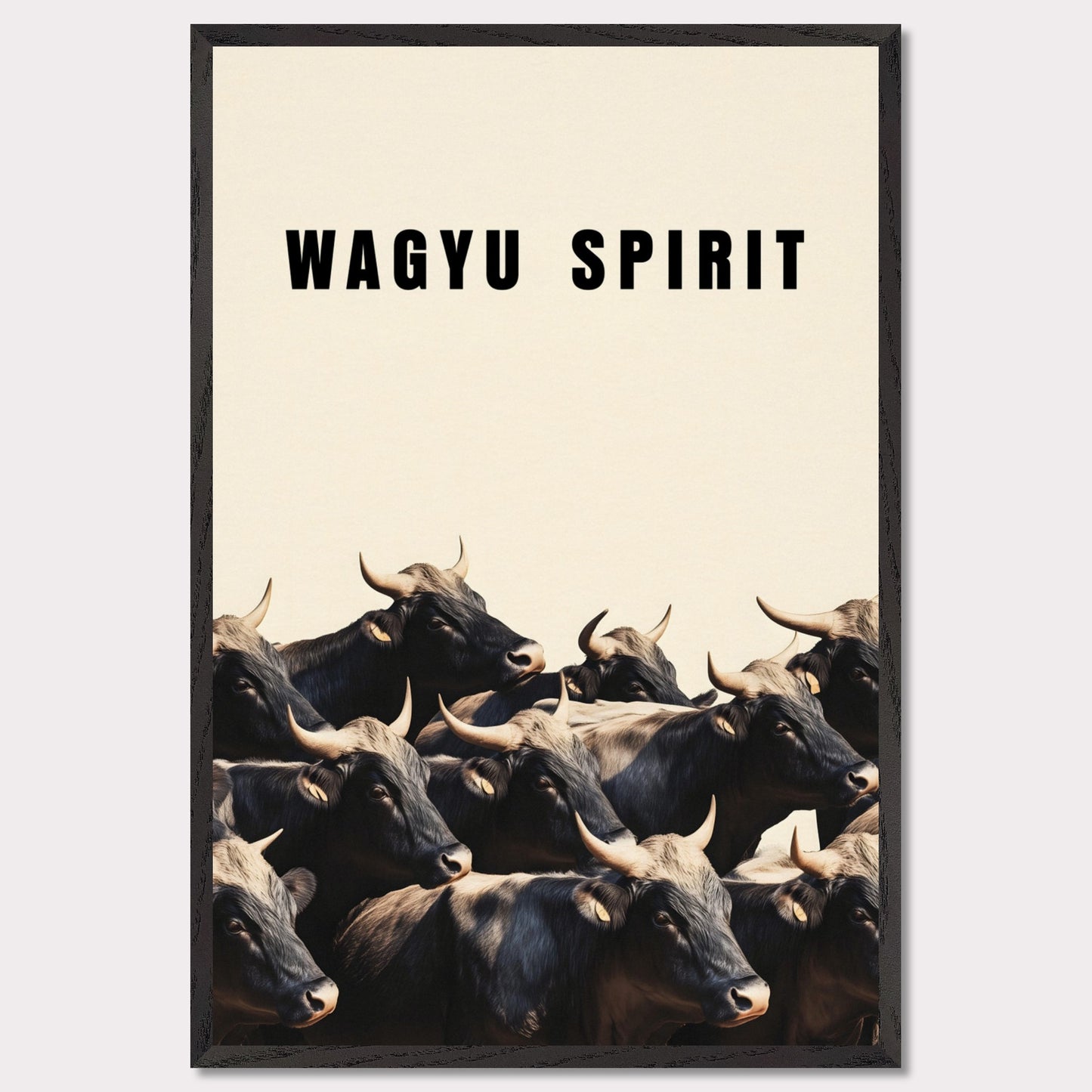 This illustration shows a group of black cattle with horns, set against a light background. The text "WAGYU SPIRIT" is prominently displayed at the top.
This poster will fit well in a kitchen, dining area, restaurant, or any space related to food and culinary arts.