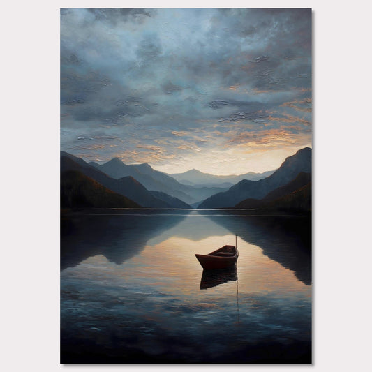 A single red boat floats gently on a vast, darkening lake as mountains fade into layered blues. The sunset brushes the clouds and water with soft amber and grey. A perfect study in stillness, solitude, and awe.