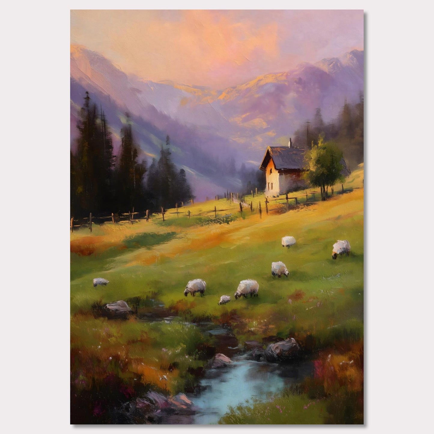 As the sun sets, golden and lavender hues paint the mountain slopes. Sheep graze slowly on the soft green meadow, and a solitary wooden house glows gently under a tree. The scene is tranquil and nostalgic — a perfect harmony of nature, simplicity, and evening calm.