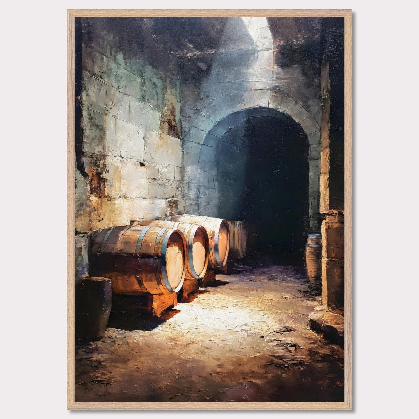 Wooden wine barrels line the stone walls of a cool alpine cellar, lit by a shaft of light from above. The silence is thick and cool. This image is a breath beneath the surface, an ode to age, earth, and time.