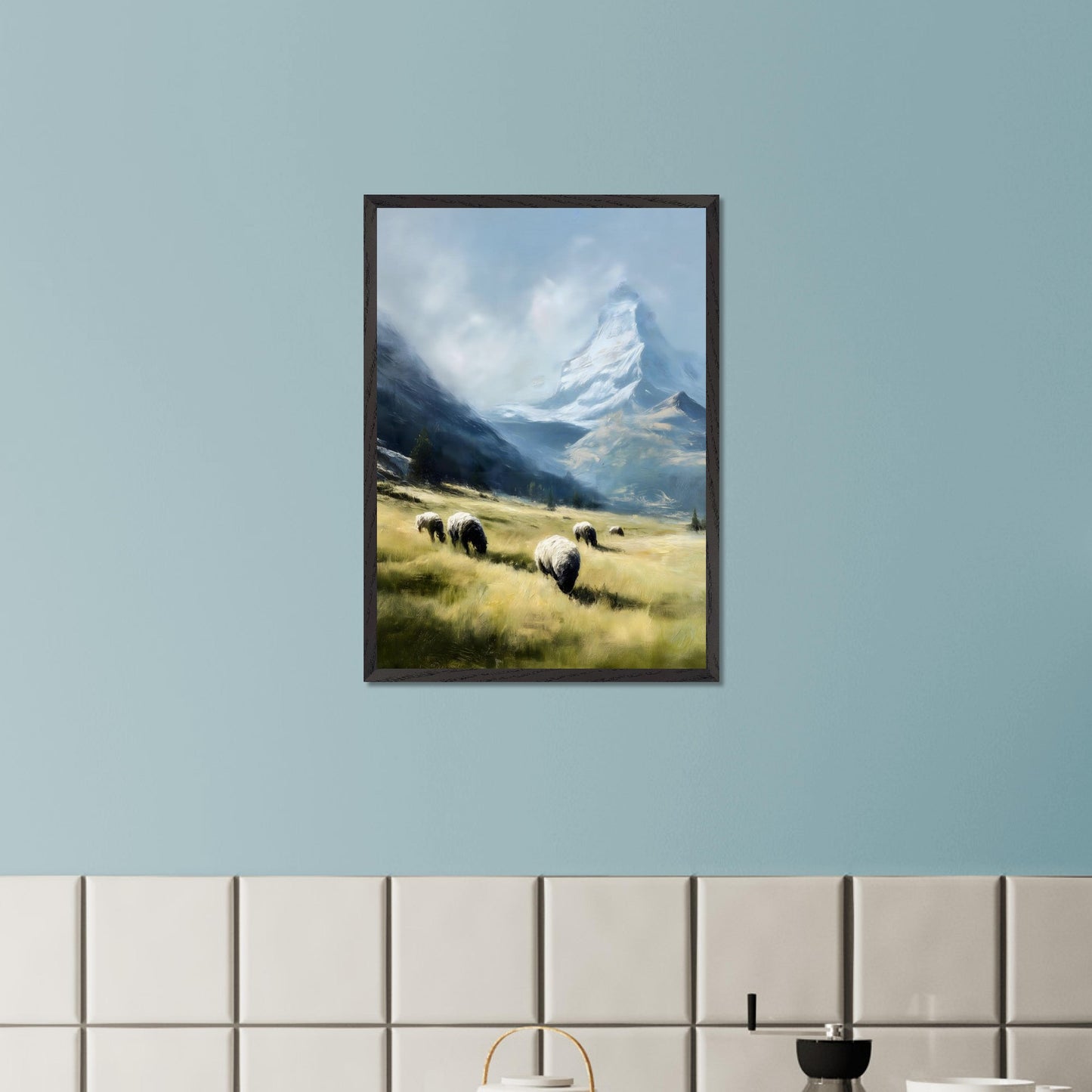In the shadow of the Matterhorn, sheep graze peacefully on sunlit fields. This pastoral scene blends the grandeur of the Alps with the charm of rural life. The softness of the animals and golden grass contrasts beautifully with the snow-covered majesty above.