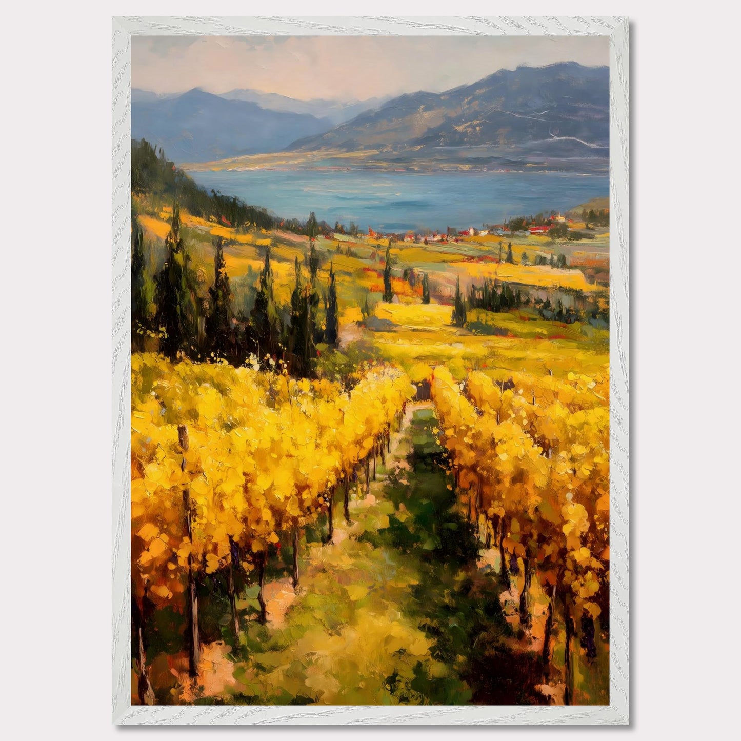 A row of sunlit grapevines leads into rolling fields above the lake. Cypress trees and red roofs add rhythm to the patchwork. This image is a painter’s geometry, an ode to land, season, and order.