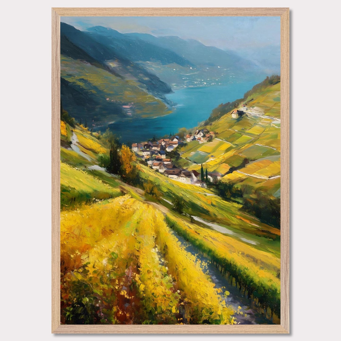 Golden vineyards sweep down steep hills toward a quiet lake village. The water shimmers like a mirror between blue ridges. This image is a flowing hillside, an ode to light, labor, and view.