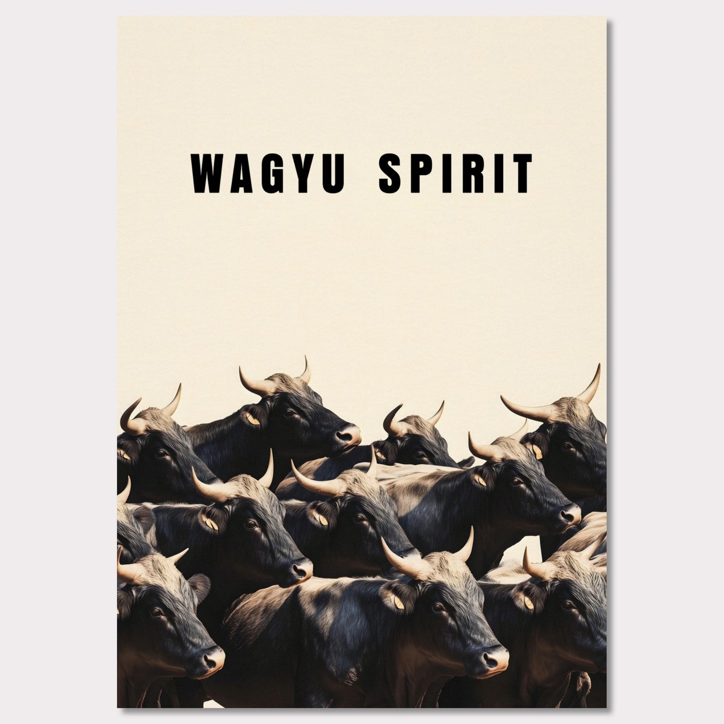 This illustration shows a group of black cattle with horns, set against a light background. The text "WAGYU SPIRIT" is prominently displayed at the top.
This poster will fit well in a kitchen, dining area, restaurant, or any space related to food and culinary arts.