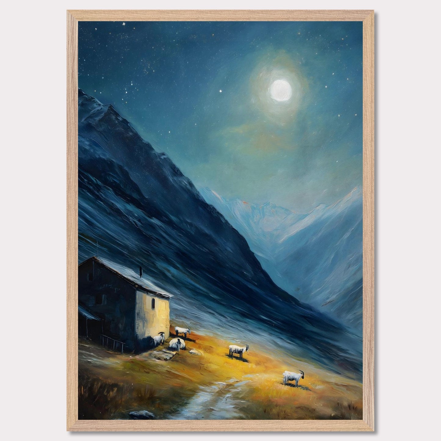 Nestled between dramatic cliffs, a single farmhouse glows under a sky heavy with storm and sun. The valley holds its breath — clouds swirl above while the earth remains grounded, golden, and still. This is a refuge at the edge of wildness.