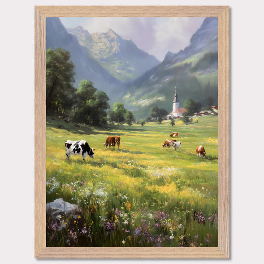 A bright valley bursts into life with cows scattered across wildflower meadows. Behind them, a quaint village church stands framed by alpine peaks. This scene is a celebration of slowness — of sun-warmed grass and steady breath.