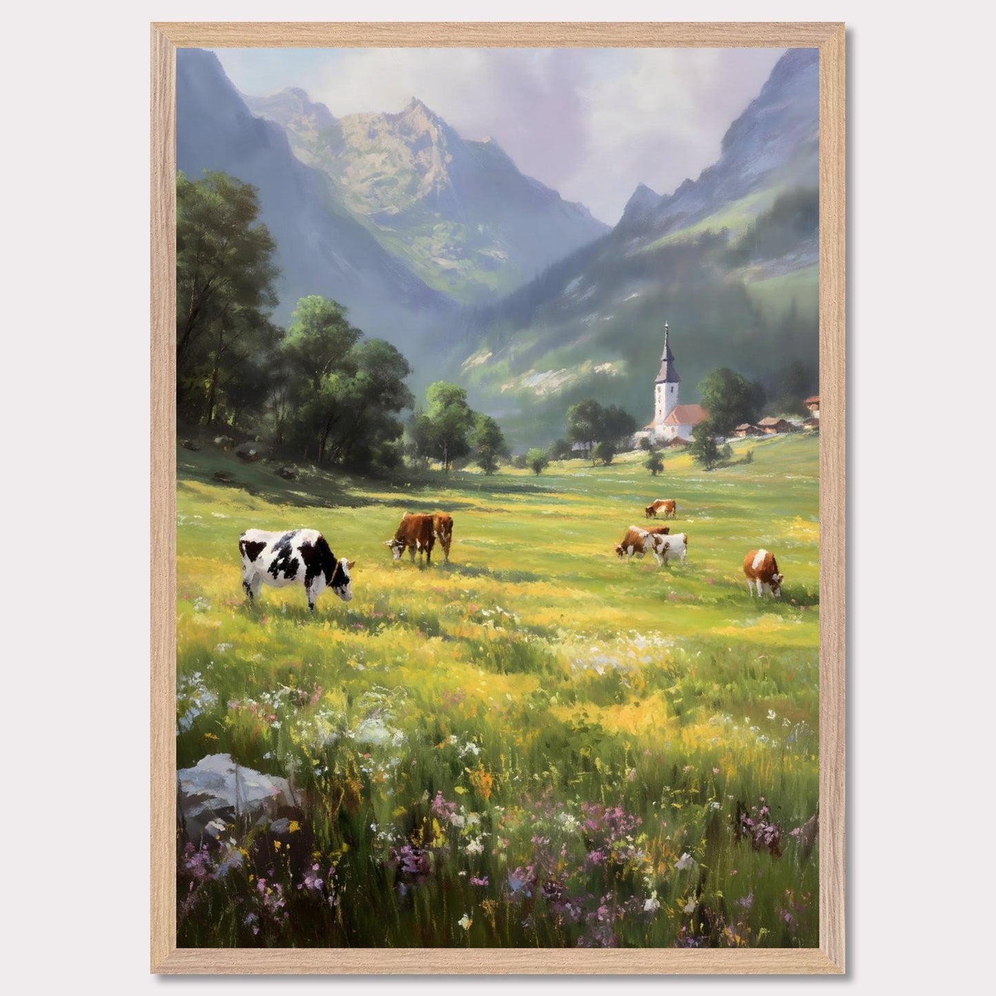 A bright valley bursts into life with cows scattered across wildflower meadows. Behind them, a quaint village church stands framed by alpine peaks. This scene is a celebration of slowness — of sun-warmed grass and steady breath.