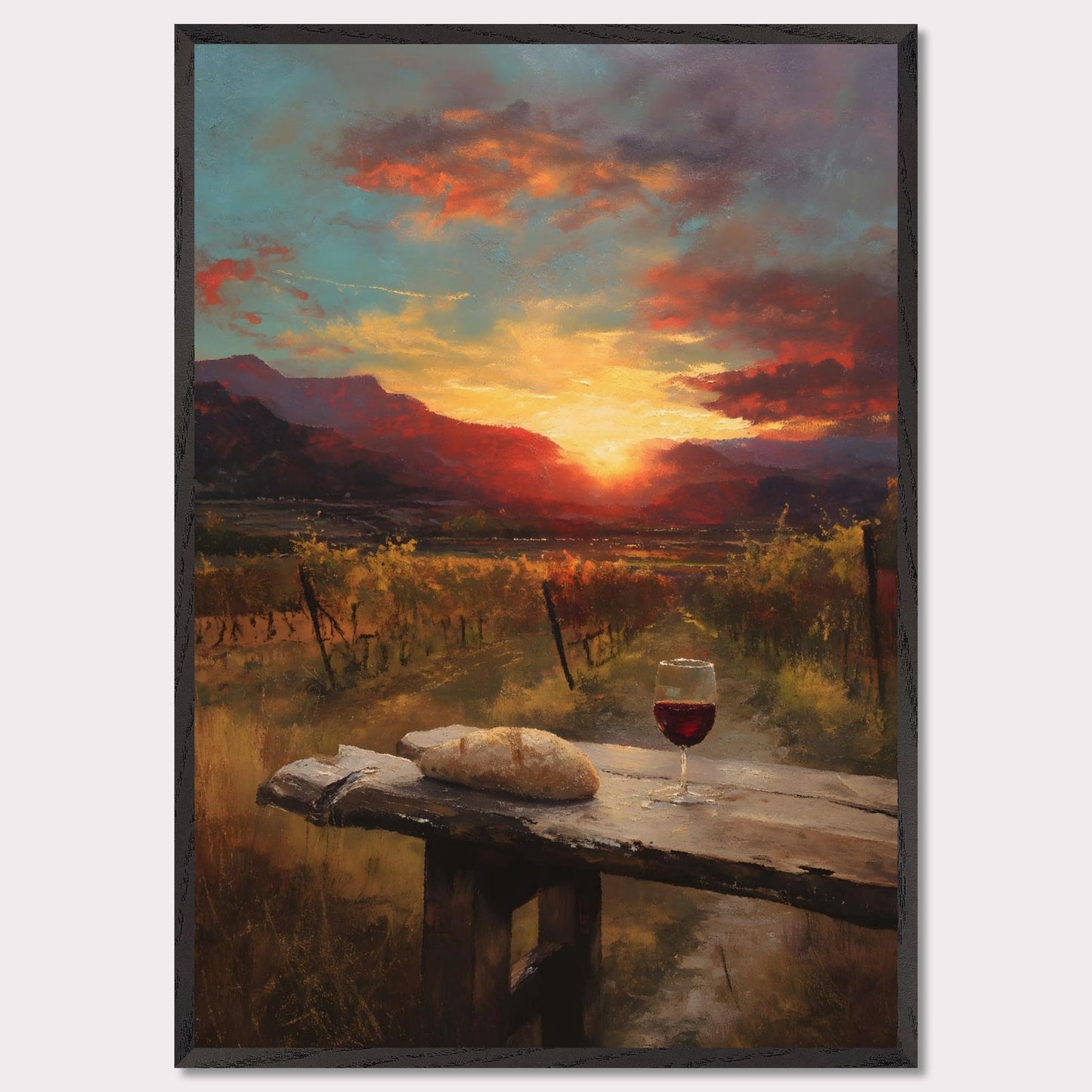 A vineyard stretches toward a fiery sunset, with a rustic table in the foreground holding a loaf and a glass of wine. The landscape glows in rich ambers and reds — a toast to simplicity and warmth.