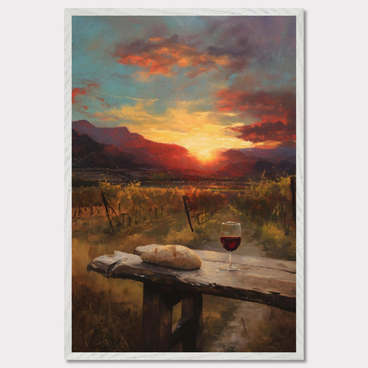 A vineyard stretches toward a fiery sunset, with a rustic table in the foreground holding a loaf and a glass of wine. The landscape glows in rich ambers and reds — a toast to simplicity and warmth.