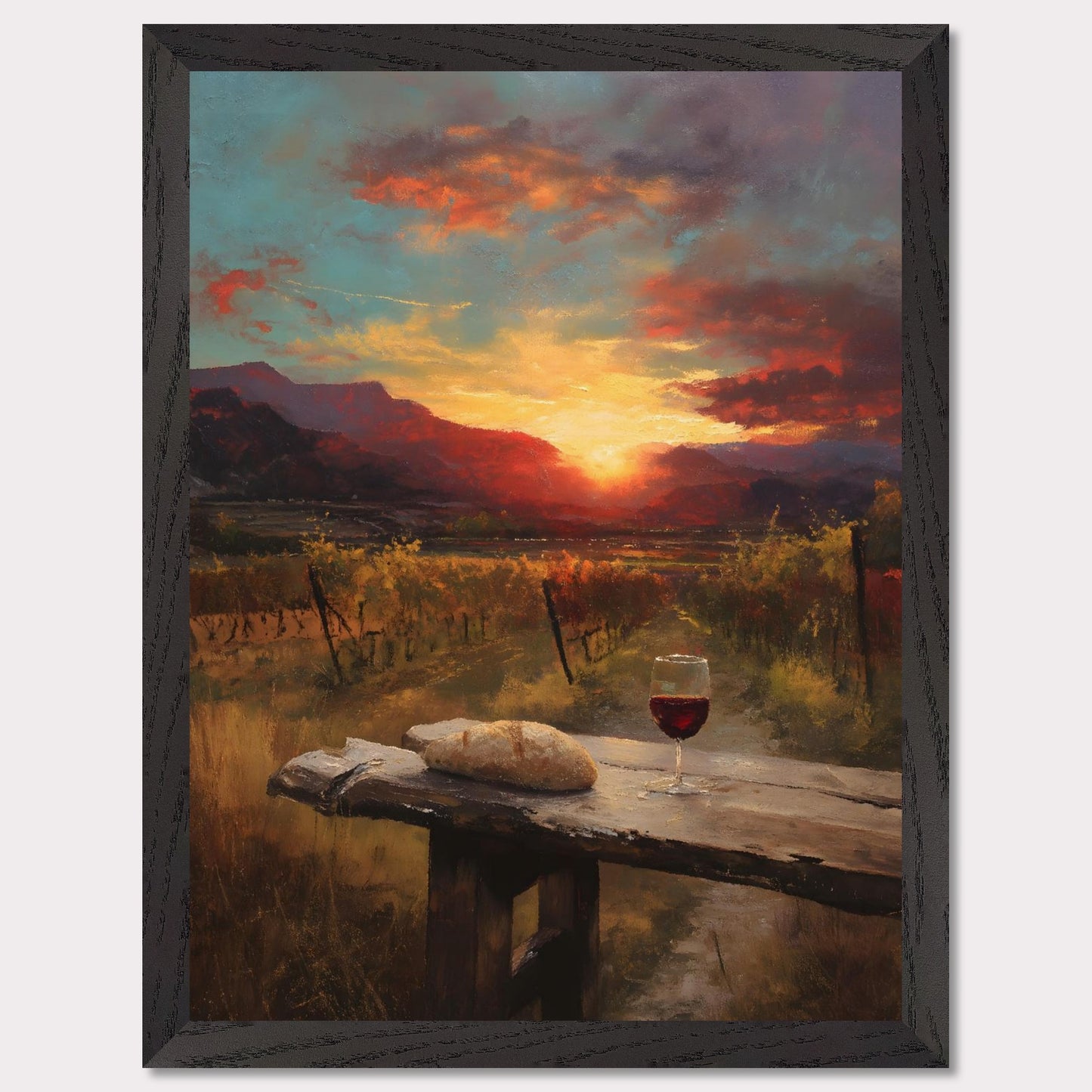 A vineyard stretches toward a fiery sunset, with a rustic table in the foreground holding a loaf and a glass of wine. The landscape glows in rich ambers and reds — a toast to simplicity and warmth.