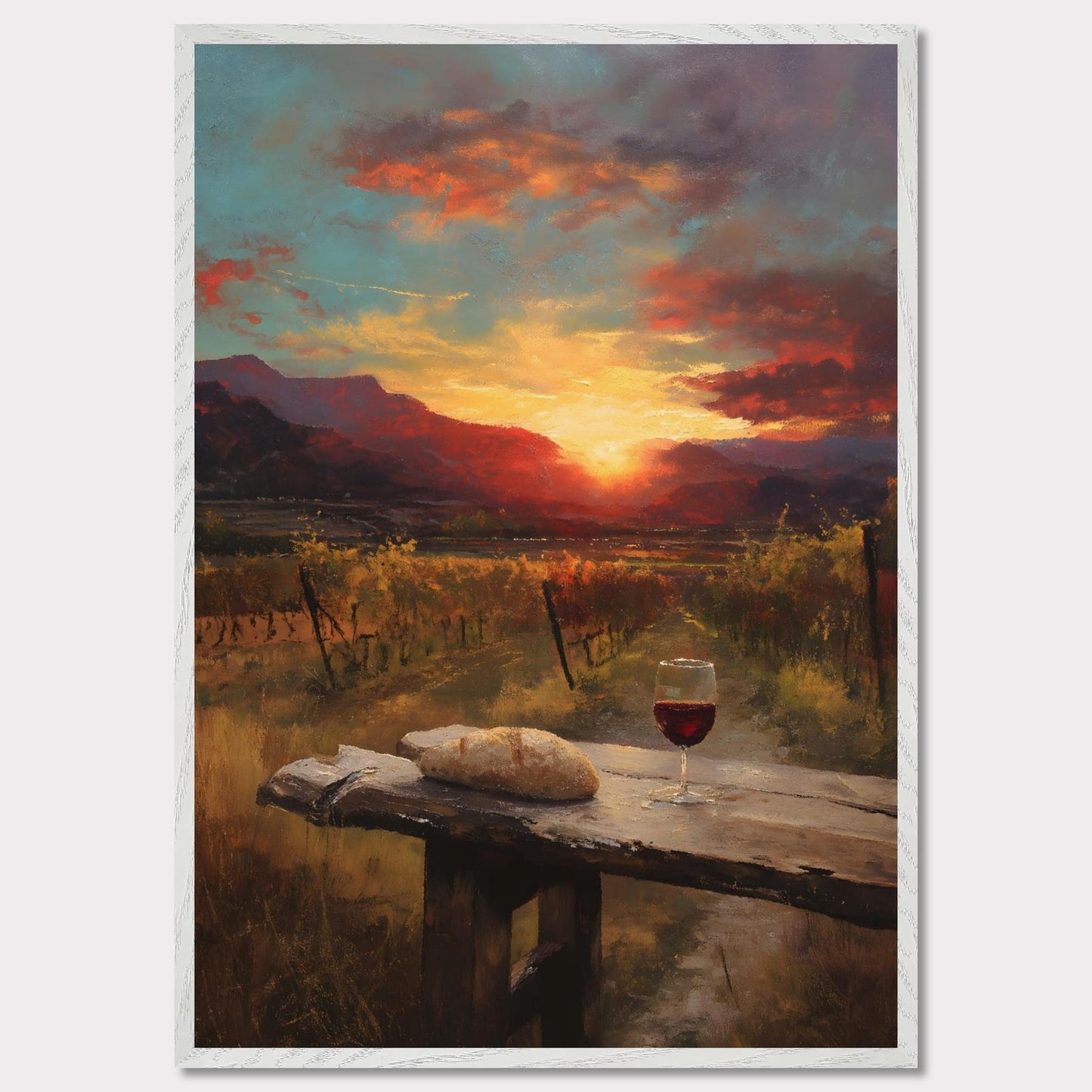 A vineyard stretches toward a fiery sunset, with a rustic table in the foreground holding a loaf and a glass of wine. The landscape glows in rich ambers and reds — a toast to simplicity and warmth.