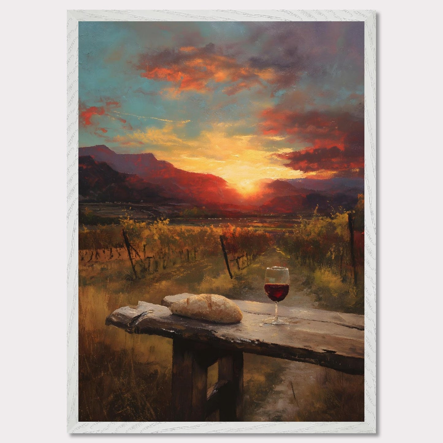 A vineyard stretches toward a fiery sunset, with a rustic table in the foreground holding a loaf and a glass of wine. The landscape glows in rich ambers and reds — a toast to simplicity and warmth.