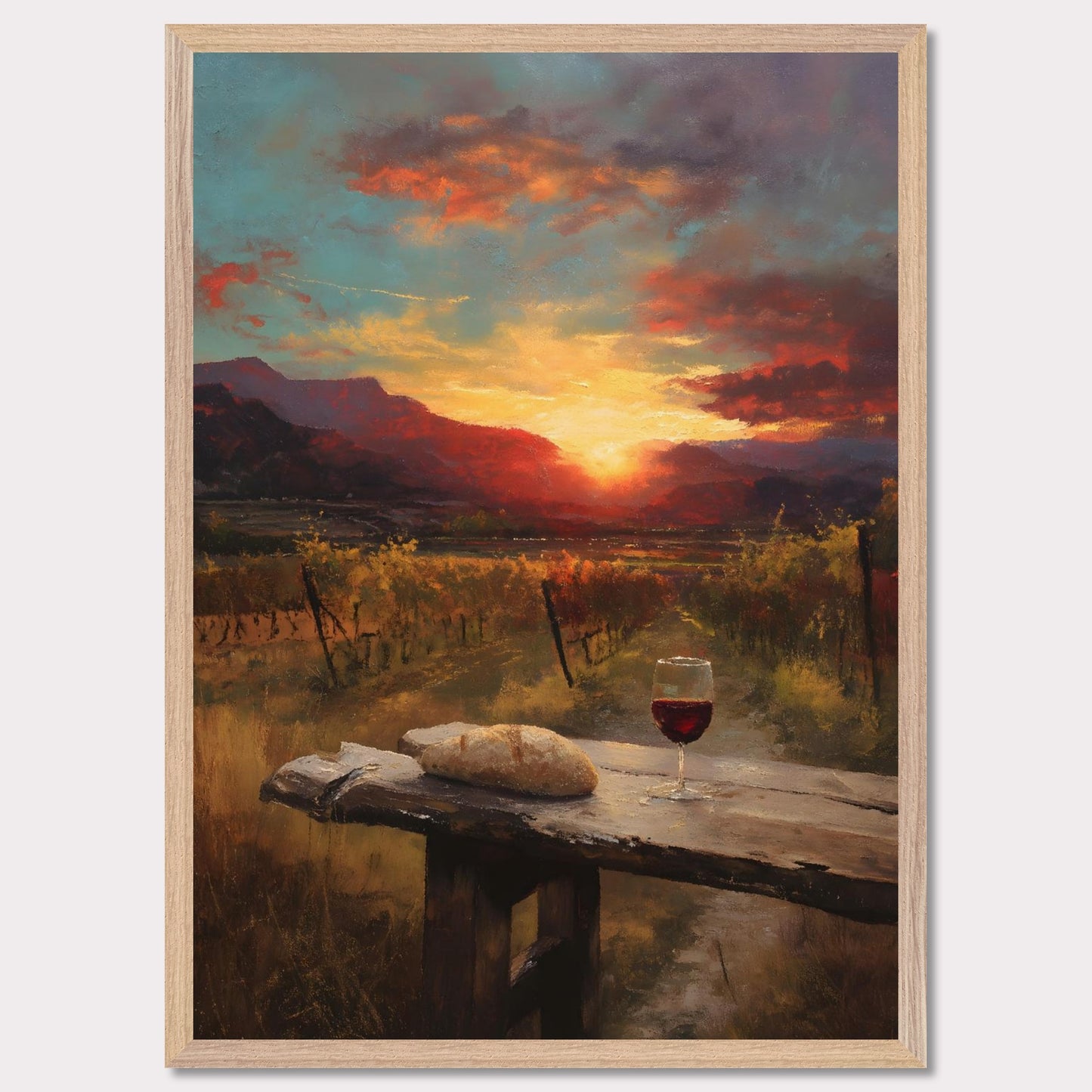 A vineyard stretches toward a fiery sunset, with a rustic table in the foreground holding a loaf and a glass of wine. The landscape glows in rich ambers and reds — a toast to simplicity and warmth.