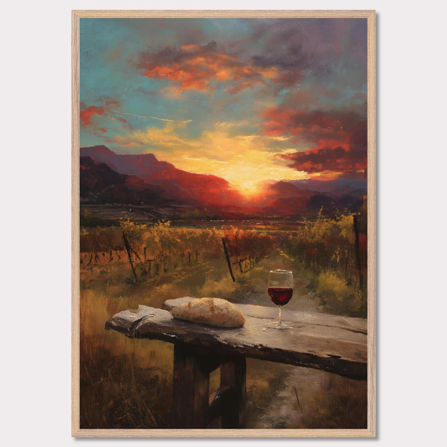 A vineyard stretches toward a fiery sunset, with a rustic table in the foreground holding a loaf and a glass of wine. The landscape glows in rich ambers and reds — a toast to simplicity and warmth.
