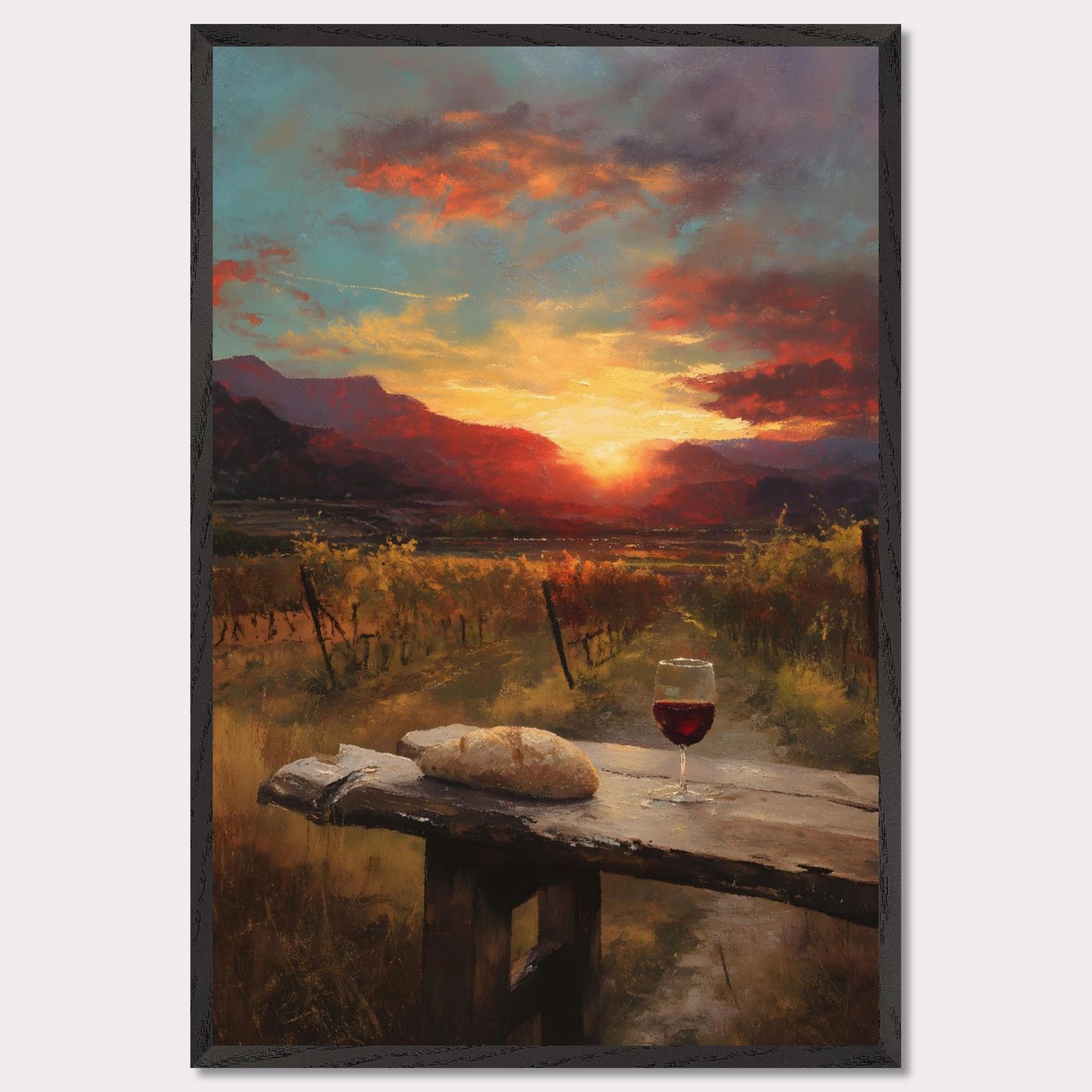 A vineyard stretches toward a fiery sunset, with a rustic table in the foreground holding a loaf and a glass of wine. The landscape glows in rich ambers and reds — a toast to simplicity and warmth.