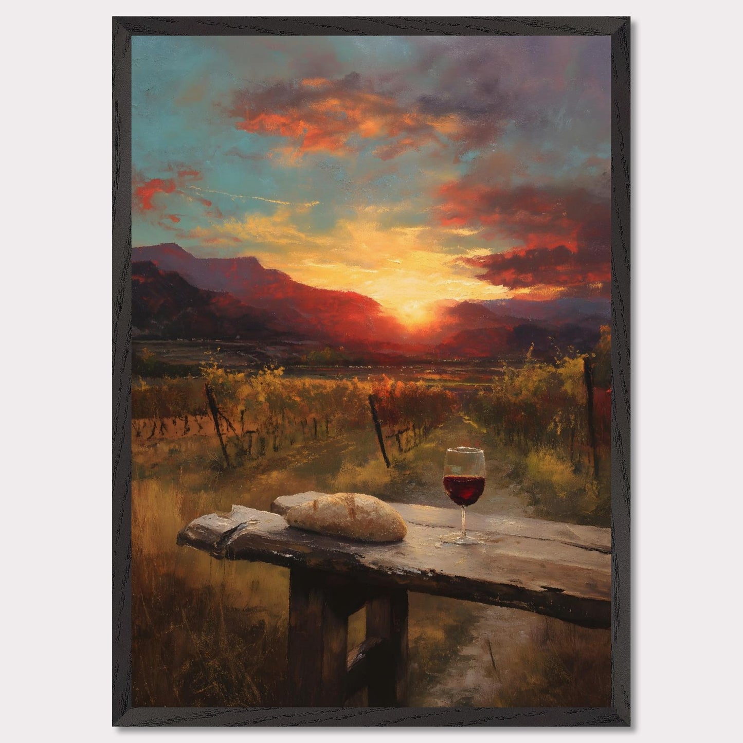 A vineyard stretches toward a fiery sunset, with a rustic table in the foreground holding a loaf and a glass of wine. The landscape glows in rich ambers and reds — a toast to simplicity and warmth.