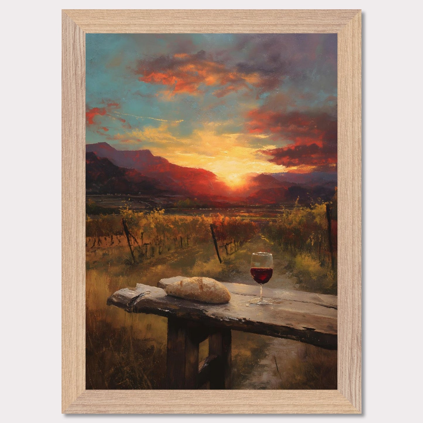 A vineyard stretches toward a fiery sunset, with a rustic table in the foreground holding a loaf and a glass of wine. The landscape glows in rich ambers and reds — a toast to simplicity and warmth.