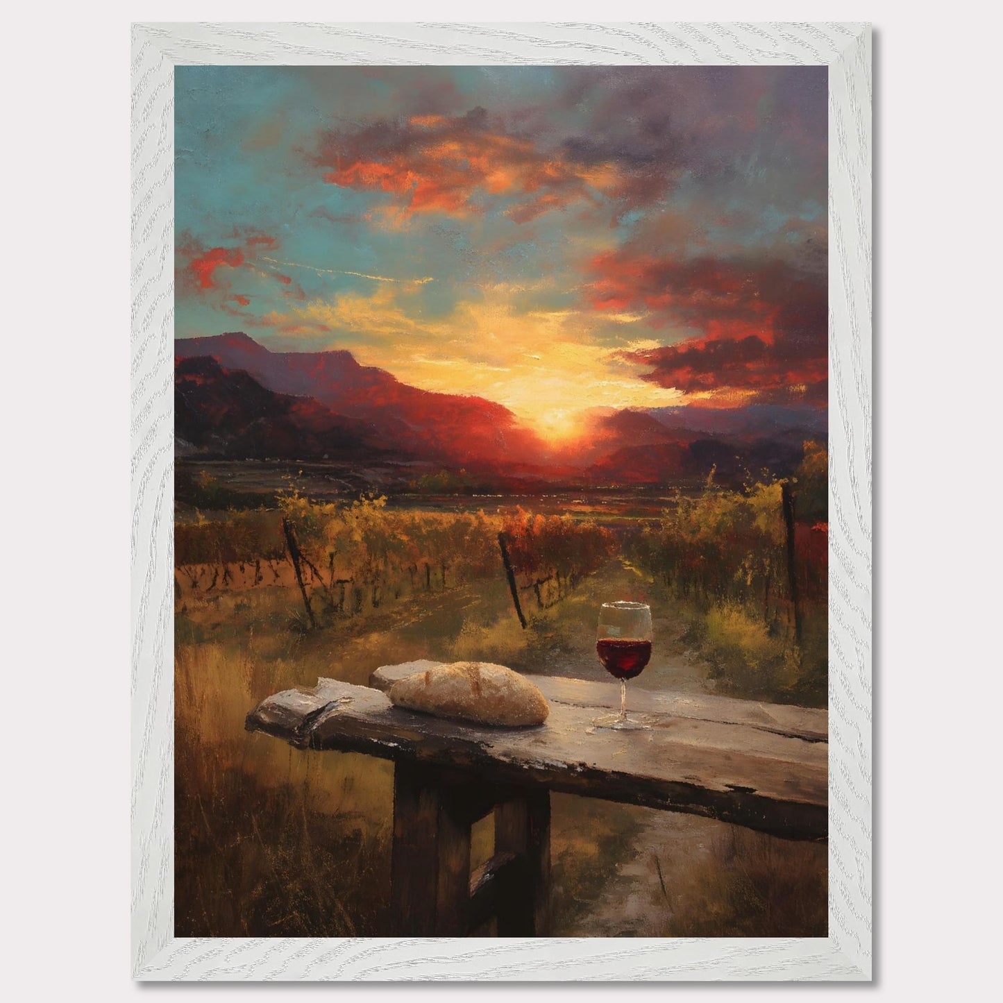 A vineyard stretches toward a fiery sunset, with a rustic table in the foreground holding a loaf and a glass of wine. The landscape glows in rich ambers and reds — a toast to simplicity and warmth.