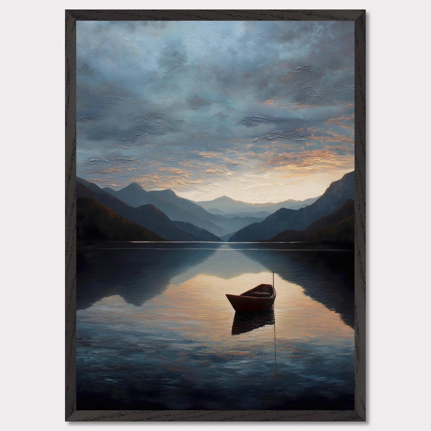 A single red boat floats gently on a vast, darkening lake as mountains fade into layered blues. The sunset brushes the clouds and water with soft amber and grey. A perfect study in stillness, solitude, and awe.