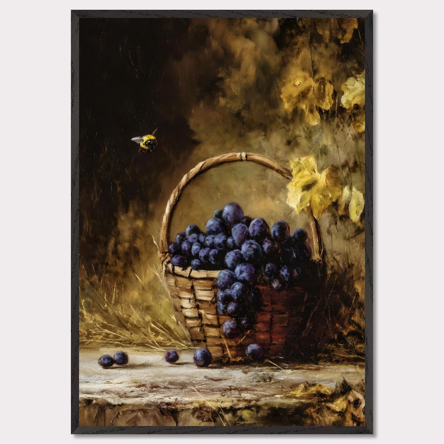 A basket overflows with deep purple grapes, a bee caught mid-hover. The scene glows with golden hues, evoking the fullness of autumn’s gift. This is the moment right before the feast — abundant, still, and honey-warm.