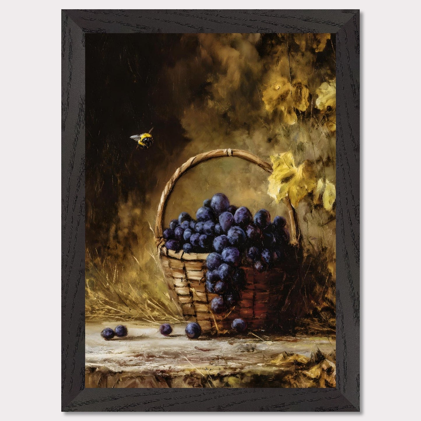 A basket overflows with deep purple grapes, a bee caught mid-hover. The scene glows with golden hues, evoking the fullness of autumn’s gift. This is the moment right before the feast — abundant, still, and honey-warm.
