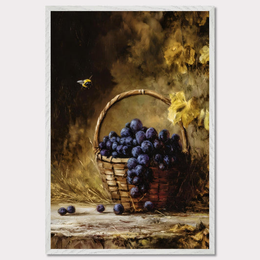 A basket overflows with deep purple grapes, a bee caught mid-hover. The scene glows with golden hues, evoking the fullness of autumn’s gift. This is the moment right before the feast — abundant, still, and honey-warm.