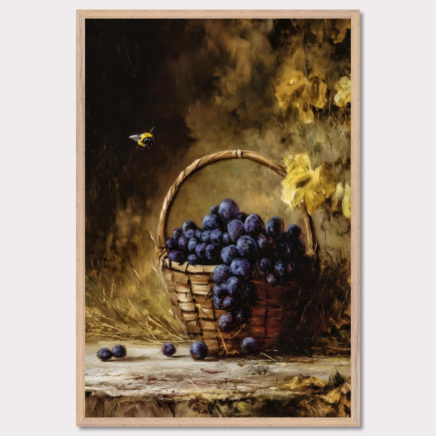 A basket overflows with deep purple grapes, a bee caught mid-hover. The scene glows with golden hues, evoking the fullness of autumn’s gift. This is the moment right before the feast — abundant, still, and honey-warm.