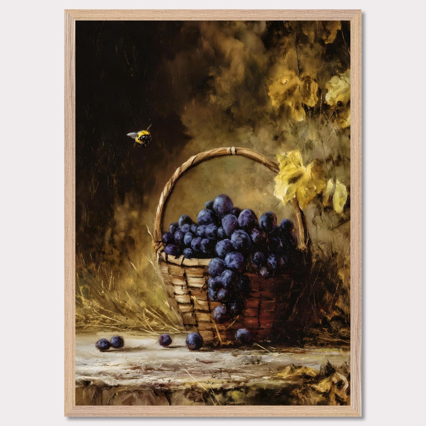 A basket overflows with deep purple grapes, a bee caught mid-hover. The scene glows with golden hues, evoking the fullness of autumn’s gift. This is the moment right before the feast — abundant, still, and honey-warm.