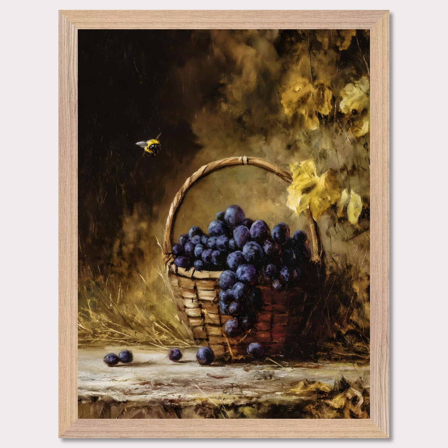 A basket overflows with deep purple grapes, a bee caught mid-hover. The scene glows with golden hues, evoking the fullness of autumn’s gift. This is the moment right before the feast — abundant, still, and honey-warm.