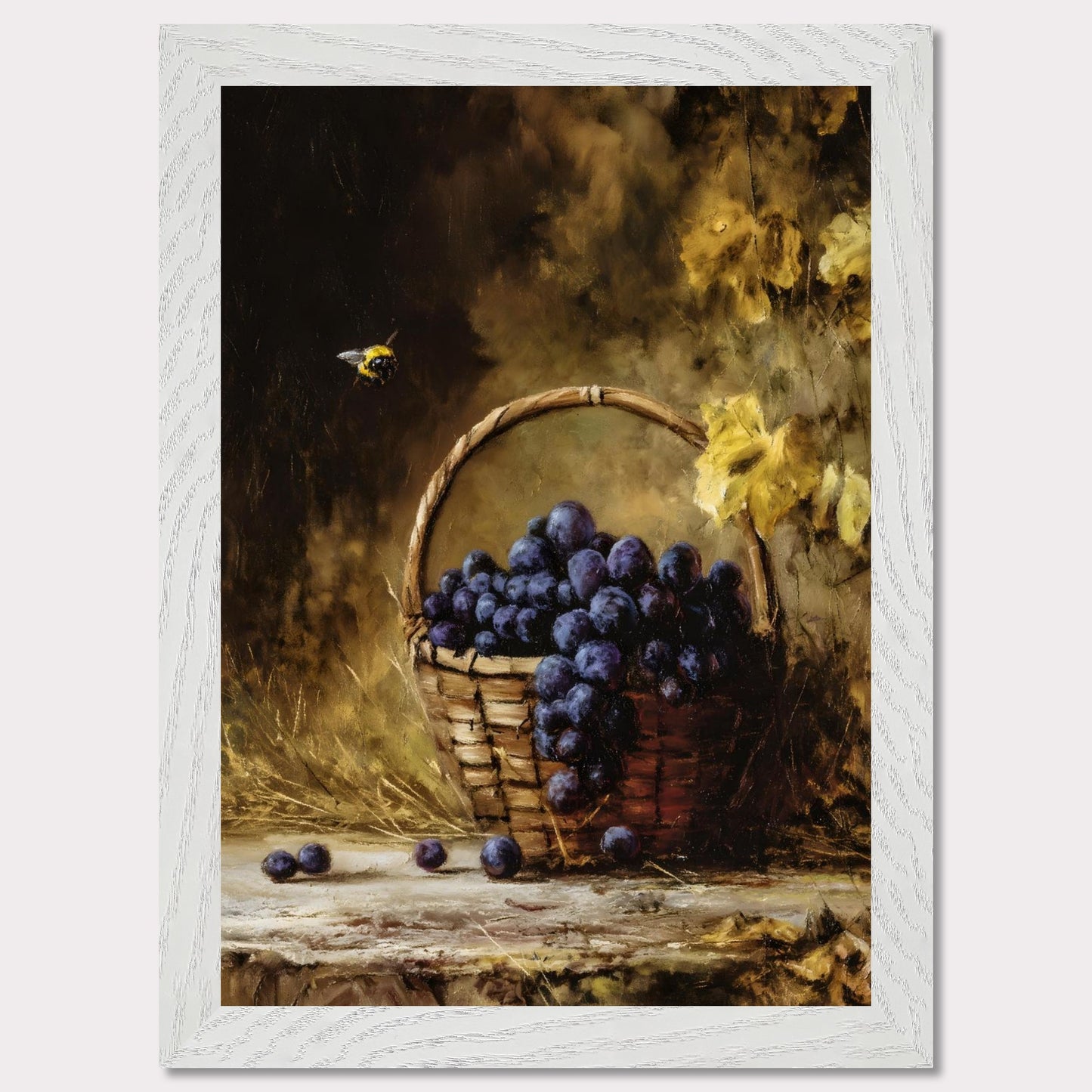 A basket overflows with deep purple grapes, a bee caught mid-hover. The scene glows with golden hues, evoking the fullness of autumn’s gift. This is the moment right before the feast — abundant, still, and honey-warm.