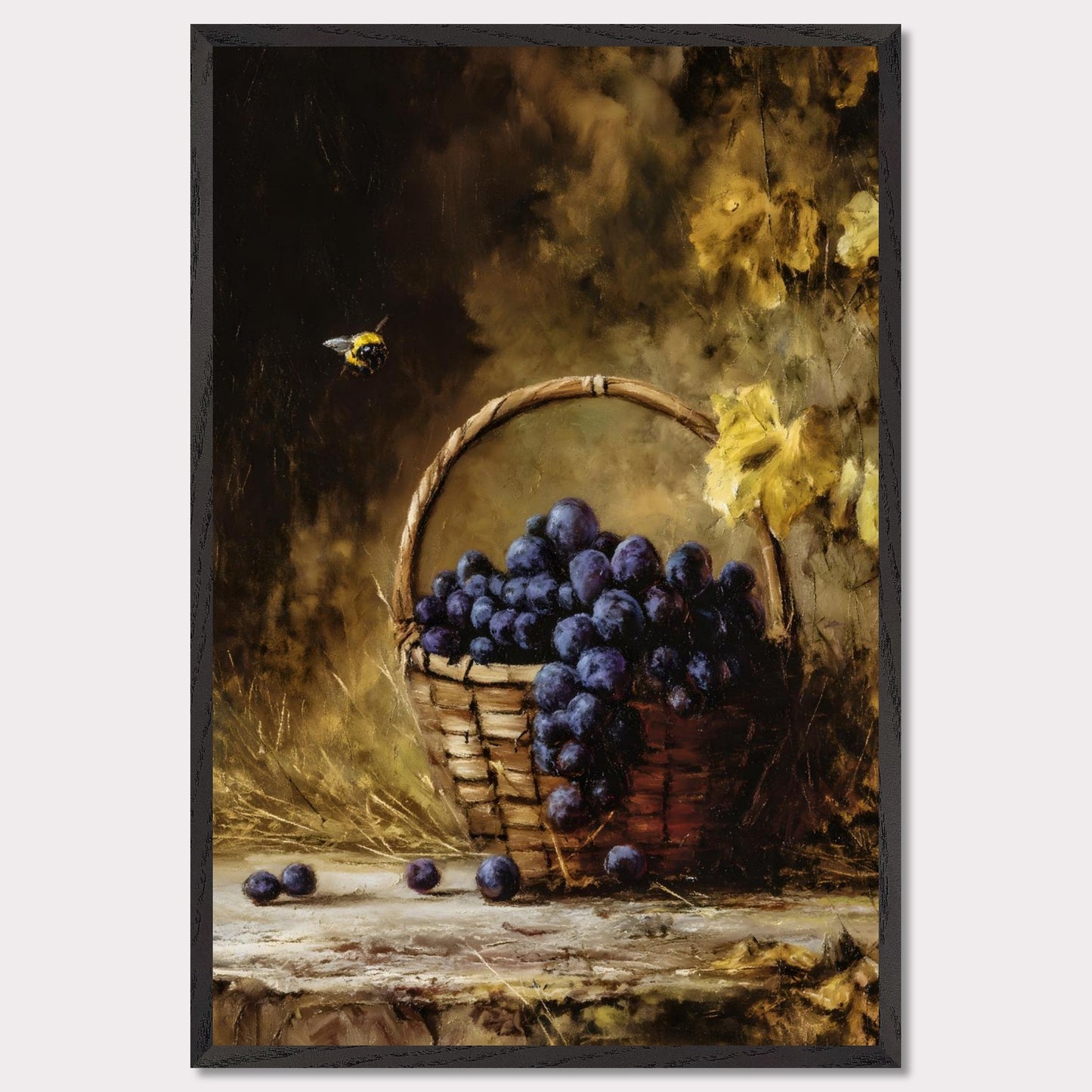 A basket overflows with deep purple grapes, a bee caught mid-hover. The scene glows with golden hues, evoking the fullness of autumn’s gift. This is the moment right before the feast — abundant, still, and honey-warm.