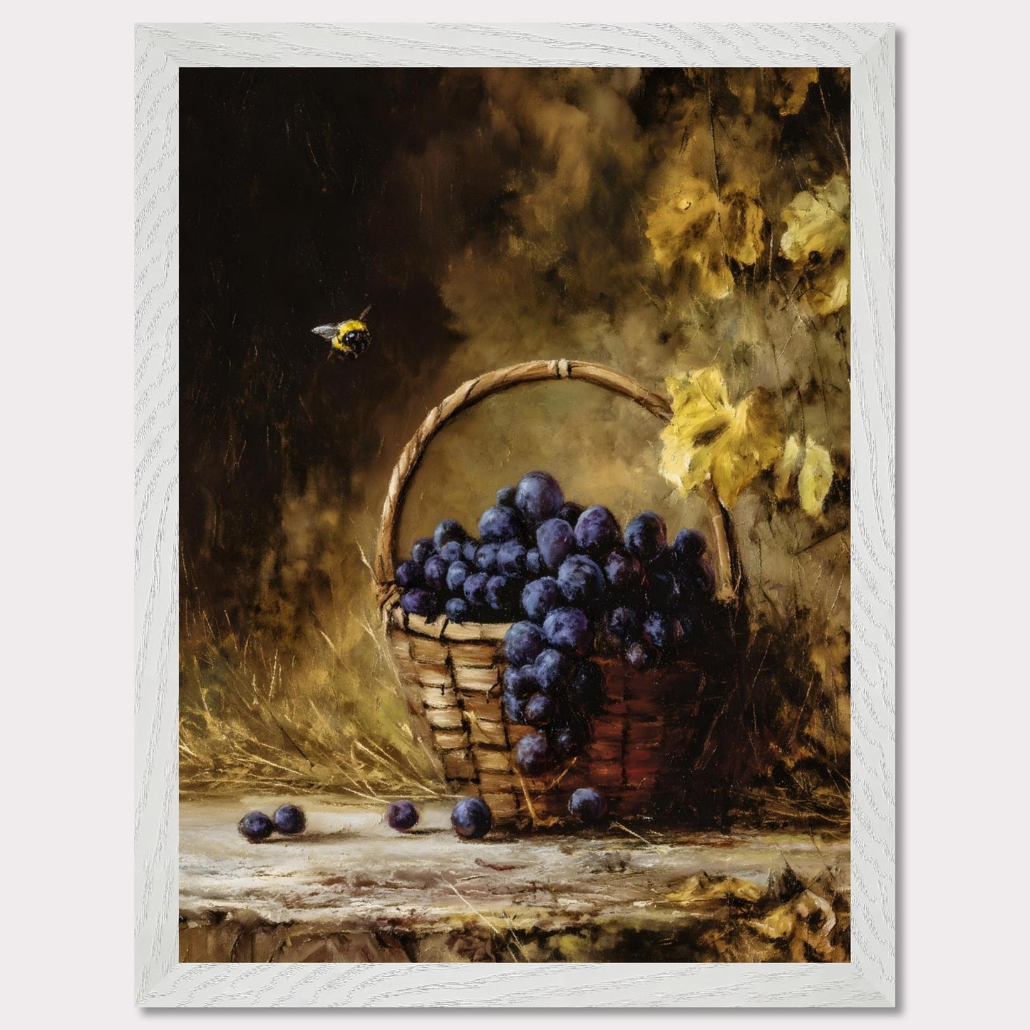 A basket overflows with deep purple grapes, a bee caught mid-hover. The scene glows with golden hues, evoking the fullness of autumn’s gift. This is the moment right before the feast — abundant, still, and honey-warm.