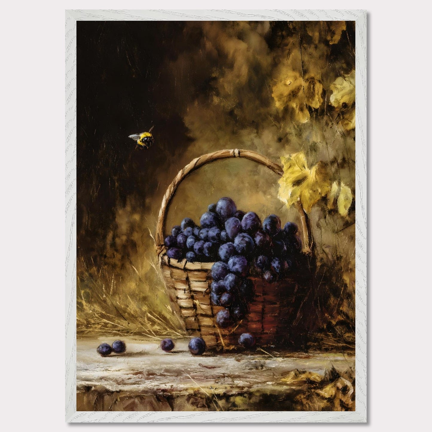 A basket overflows with deep purple grapes, a bee caught mid-hover. The scene glows with golden hues, evoking the fullness of autumn’s gift. This is the moment right before the feast — abundant, still, and honey-warm.
