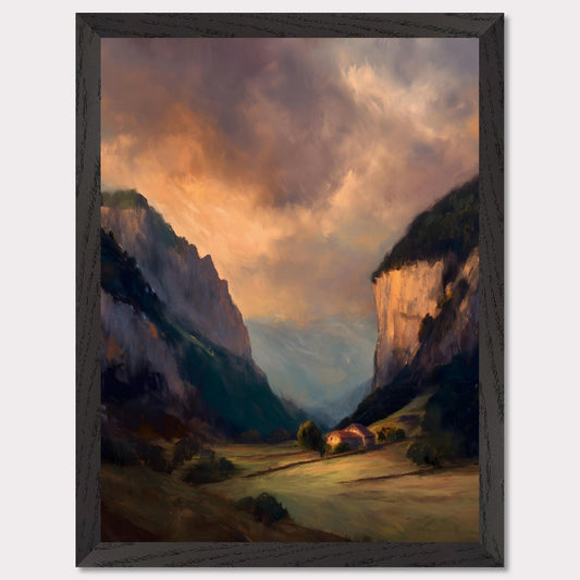 Nestled between dramatic cliffs, a single farmhouse glows under a sky heavy with storm and sun. The valley holds its breath — clouds swirl above while the earth remains grounded, golden, and still. This is a refuge at the edge of wildness.