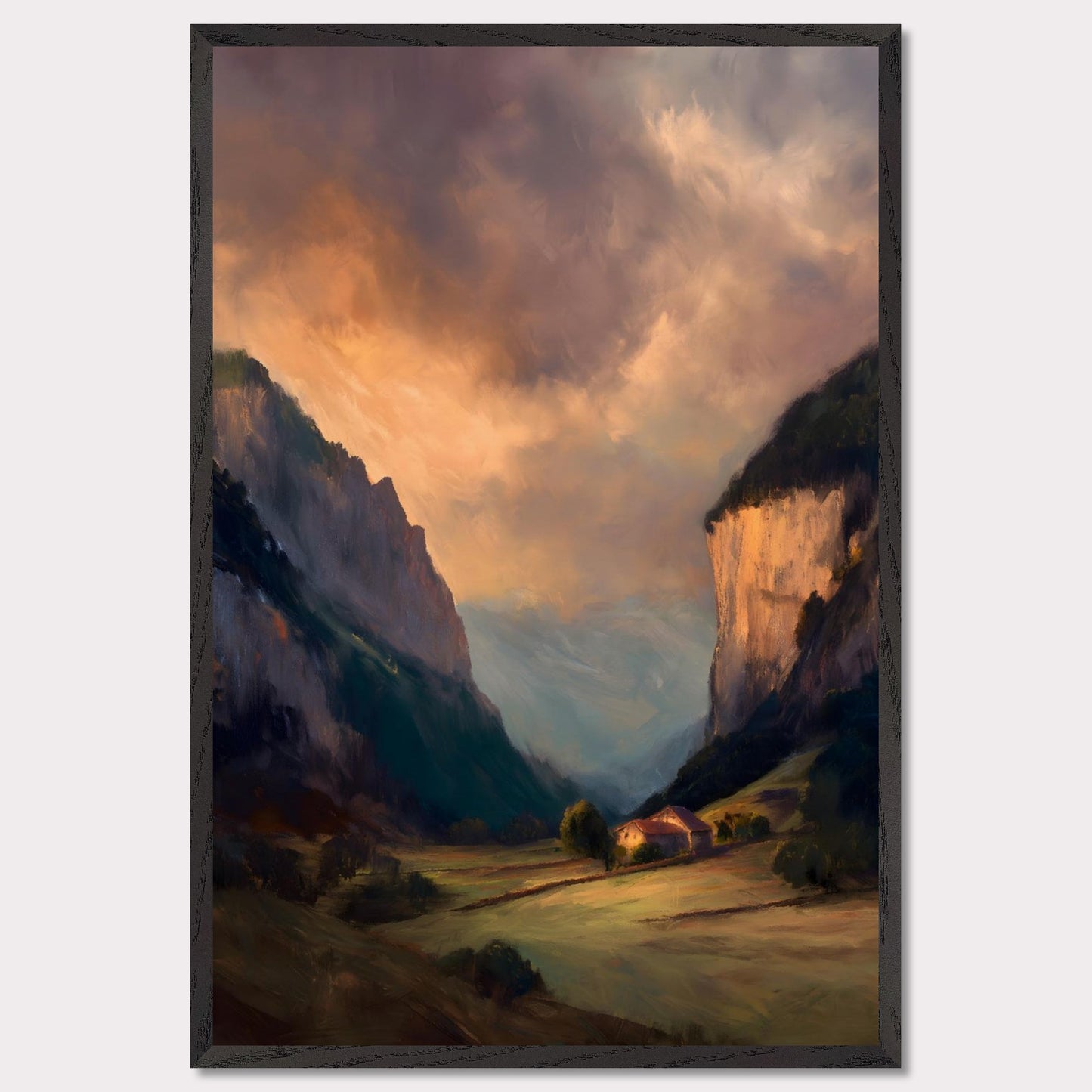 Nestled between dramatic cliffs, a single farmhouse glows under a sky heavy with storm and sun. The valley holds its breath — clouds swirl above while the earth remains grounded, golden, and still. This is a refuge at the edge of wildness.