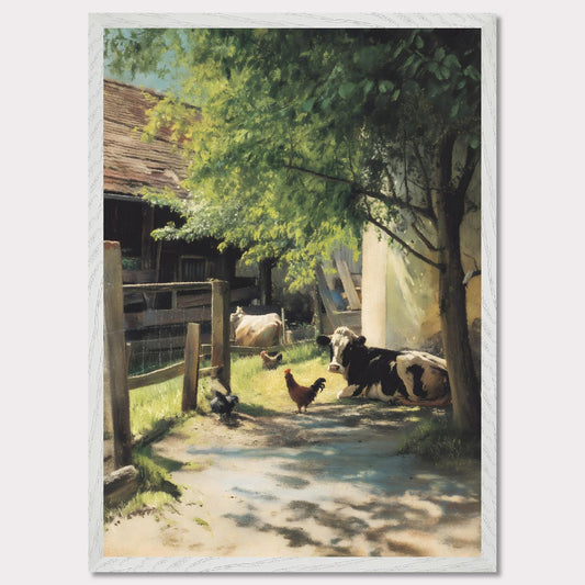 Sunlight filters through the trees over a peaceful farmyard. Cows and chickens relax in dappled shade, a humble scene of daily life in the Alps. The rhythm is slow, and everything is exactly as it should be.