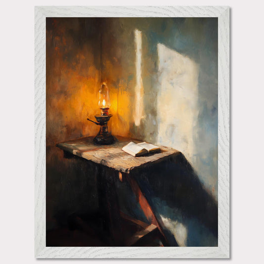 A wooden table, a flickering lamp, and an open book — caught in a slant of light. Shadows stretch across the textured walls, as if listening in. This image is a moment of pause, an ode to evening thought and silent reflection.