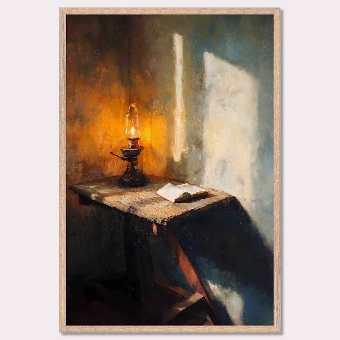 A wooden table, a flickering lamp, and an open book — caught in a slant of light. Shadows stretch across the textured walls, as if listening in. This image is a moment of pause, an ode to evening thought and silent reflection.