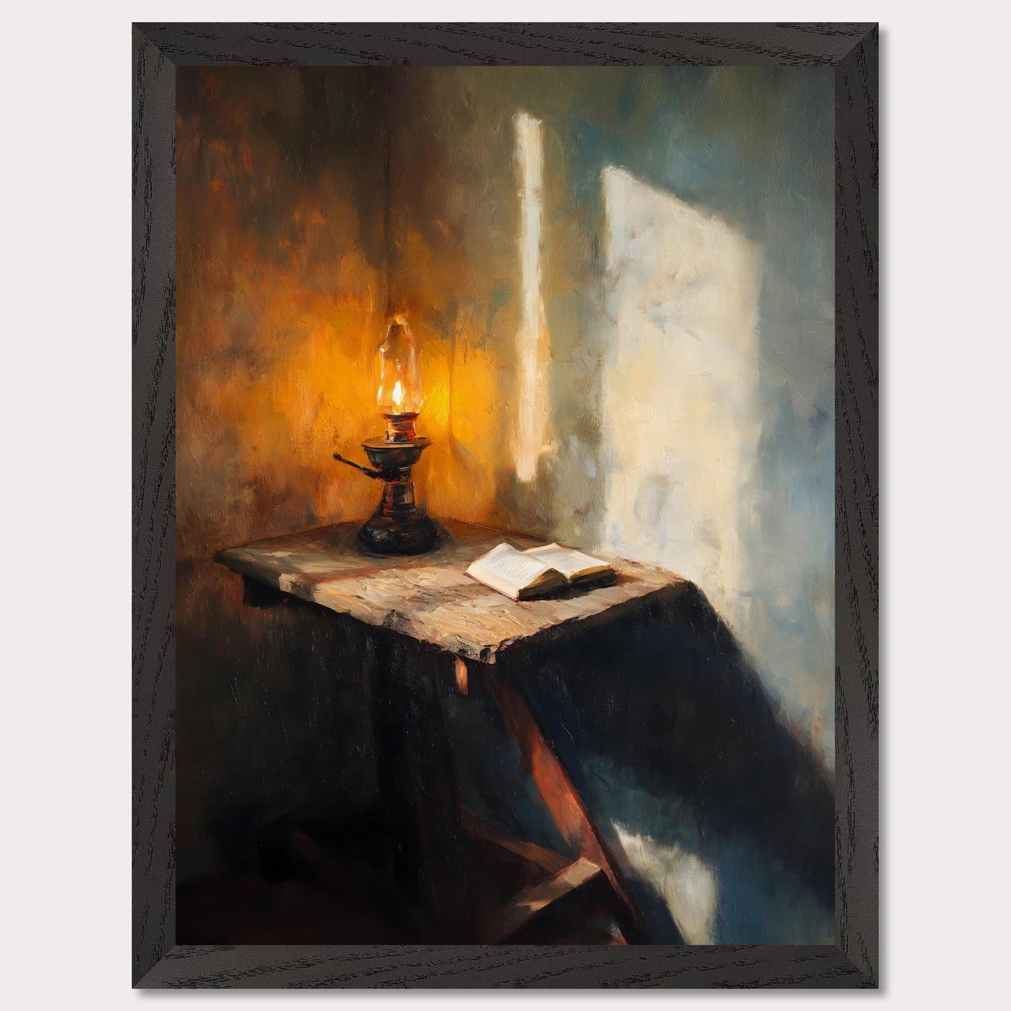 A wooden table, a flickering lamp, and an open book — caught in a slant of light. Shadows stretch across the textured walls, as if listening in. This image is a moment of pause, an ode to evening thought and silent reflection.